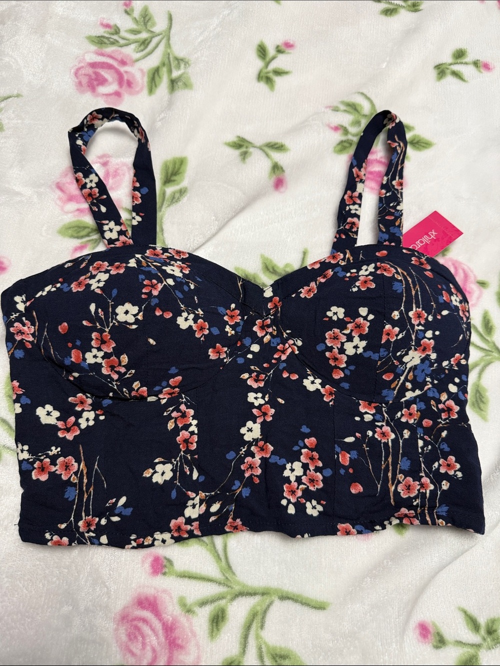 Xhilaration Navy Floral Bustier Crop Top with Pink & White Flowers
